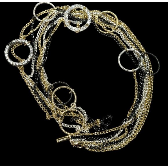 Daisy Fuentes Multi Metallic Layered Chain Necklace With Rhinestone Rings - Picture 1 of 6